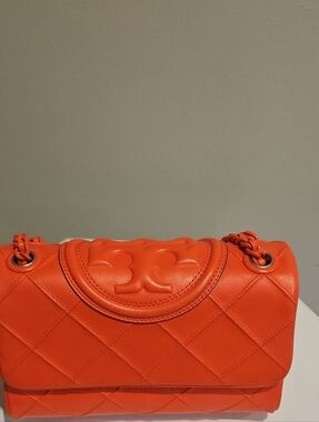 Tory Burch Orange Quilted Shoulder Bag with Chain Strap